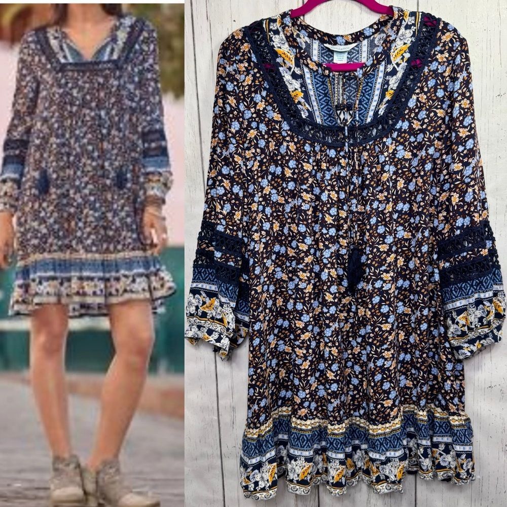 Sundance Boho Floral Tunic Dress XL Blue Cottagecore Festival Peasant Prairie